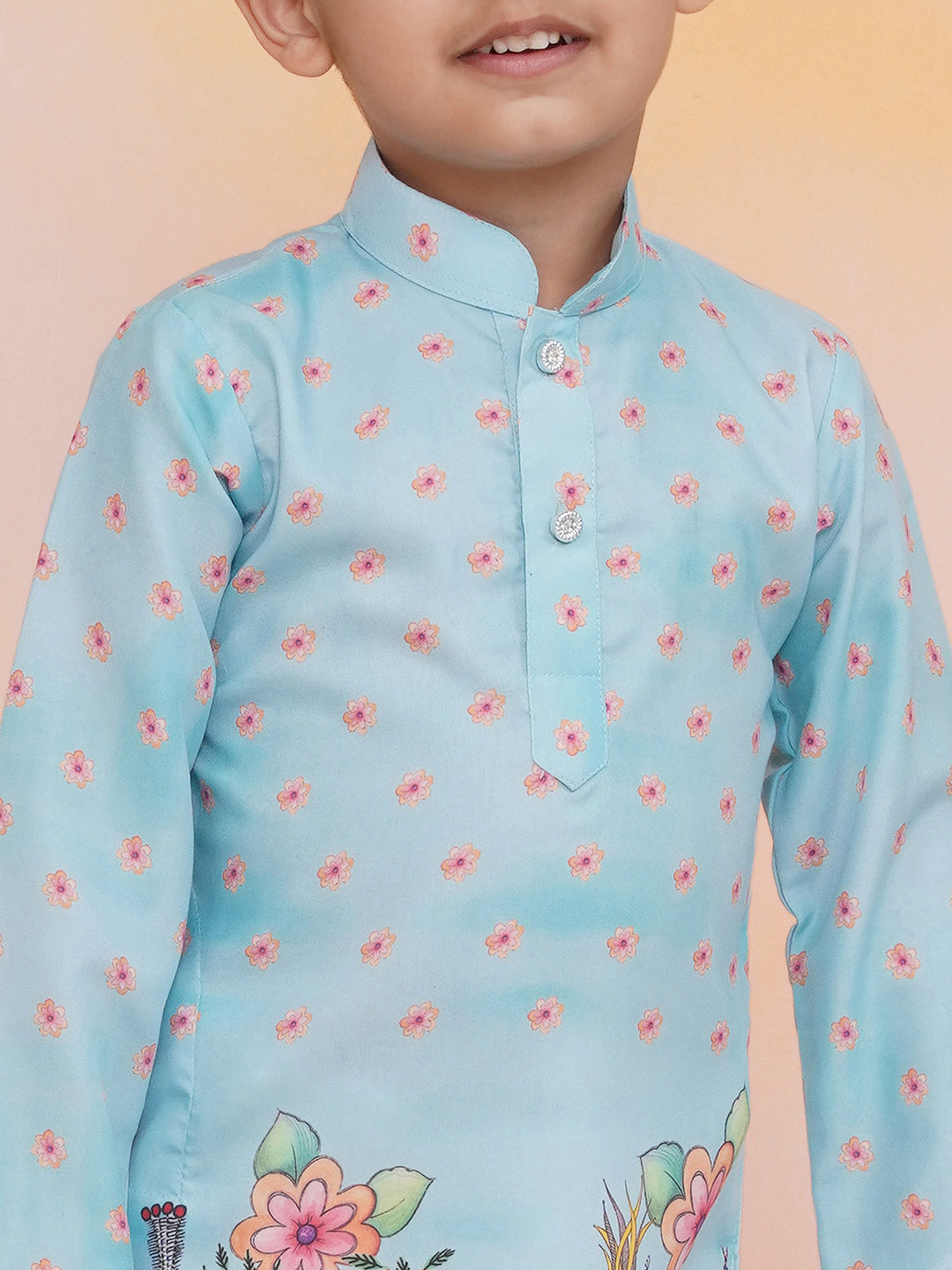 KID1 Rama Slim-Fit Printed Kurta Pyjama Skyblue
