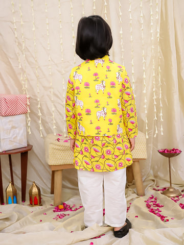 KID1 Nandi Motif Jacket Kurta Set  Yellow