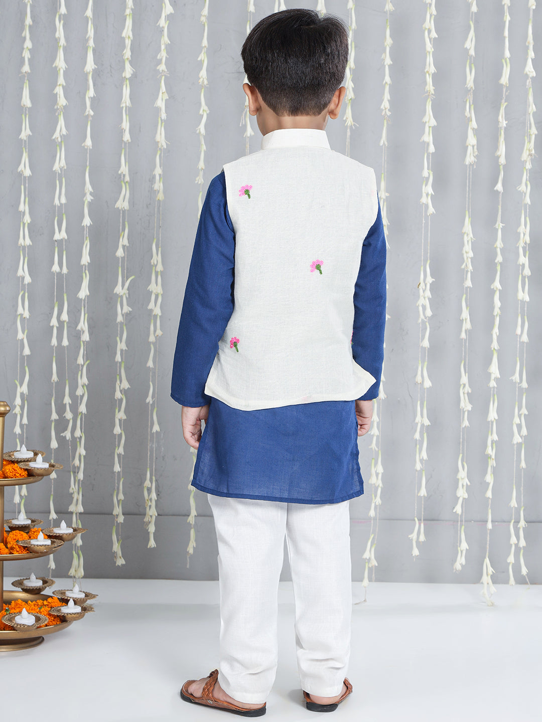 KID1 Embroidered Kurti And Palazzo Set For Girls With Embroidered Jacket Kurta Pajama Set For Boys - Offwhite & Blue