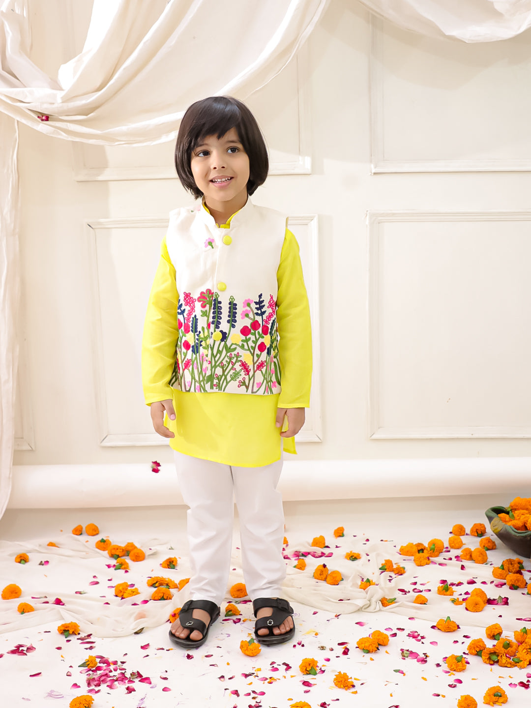 KID1 Embroidered Jacket Kurta Pyjama Set Yellow