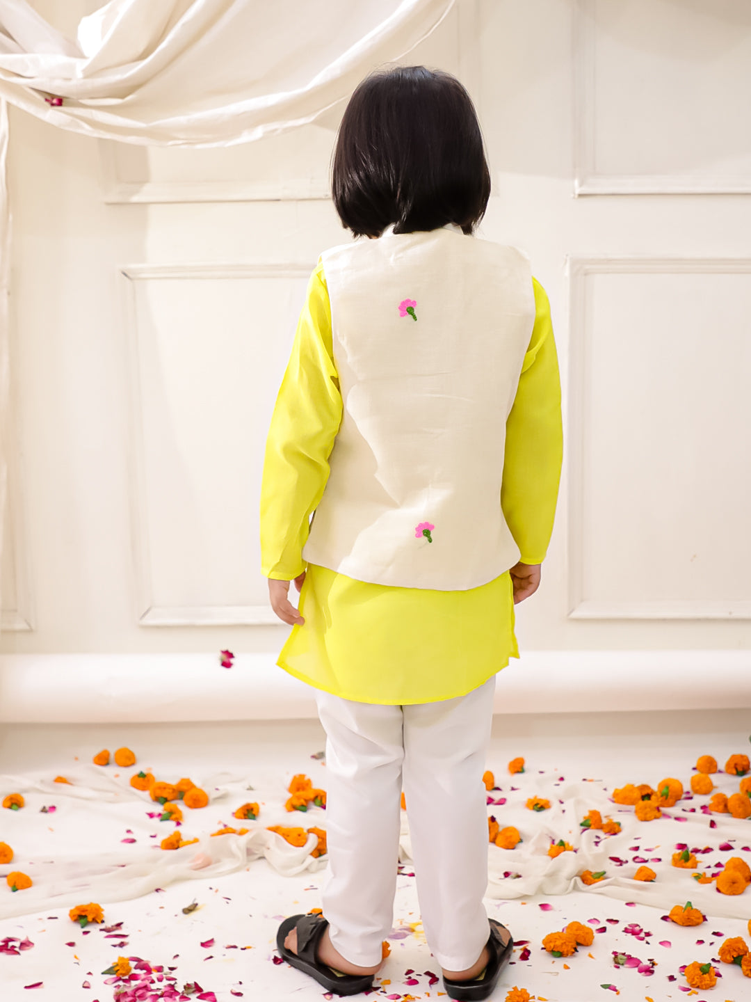 KID1 Embroidered Jacket Kurta Pyjama Set Yellow
