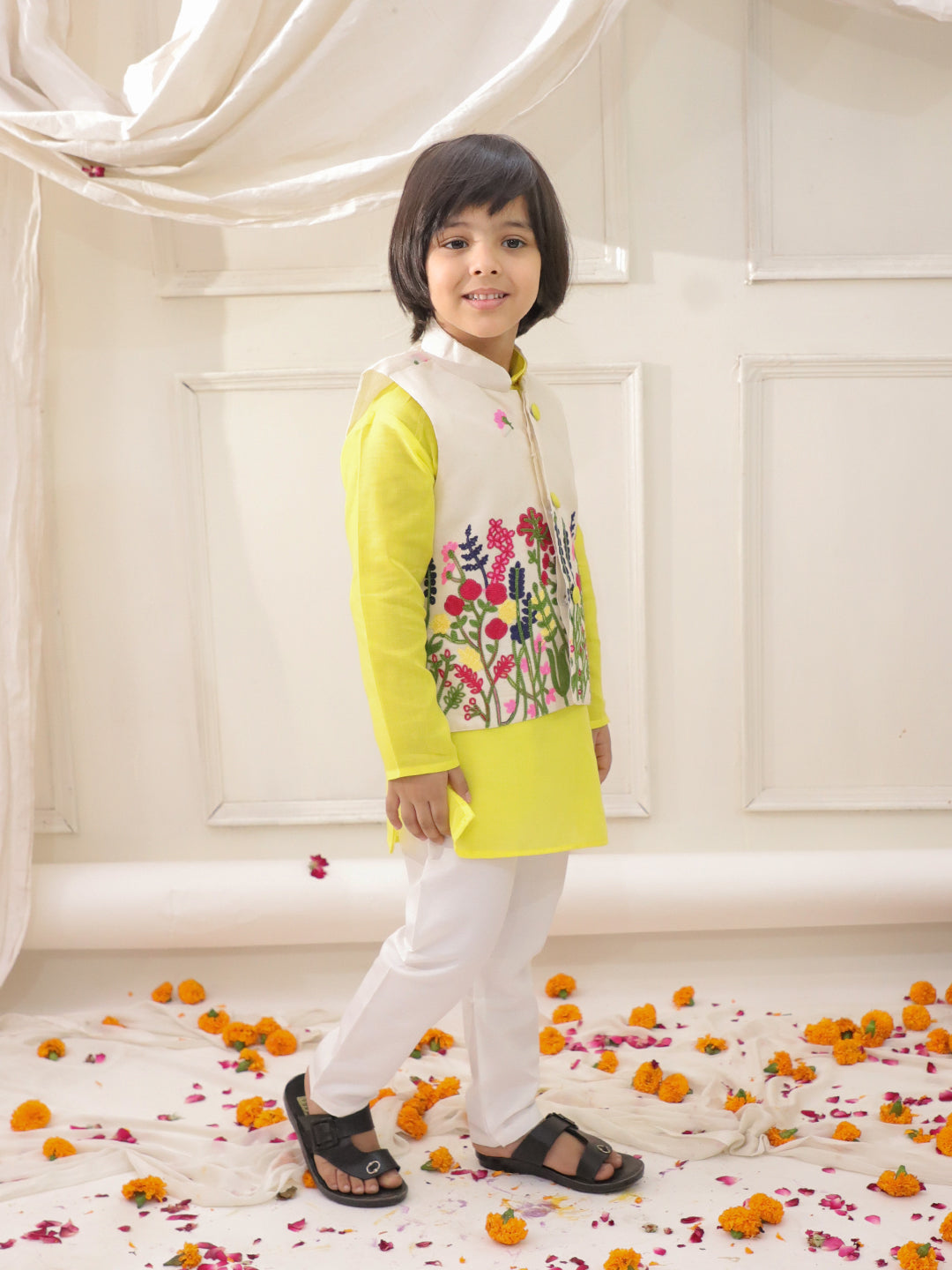 KID1 Embroidered Jacket Kurta Pyjama Set Yellow