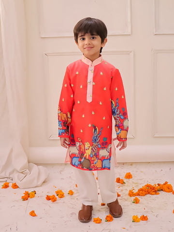 KID1 Krishna Slim-Fit Printed Kurta Pyjama Orange