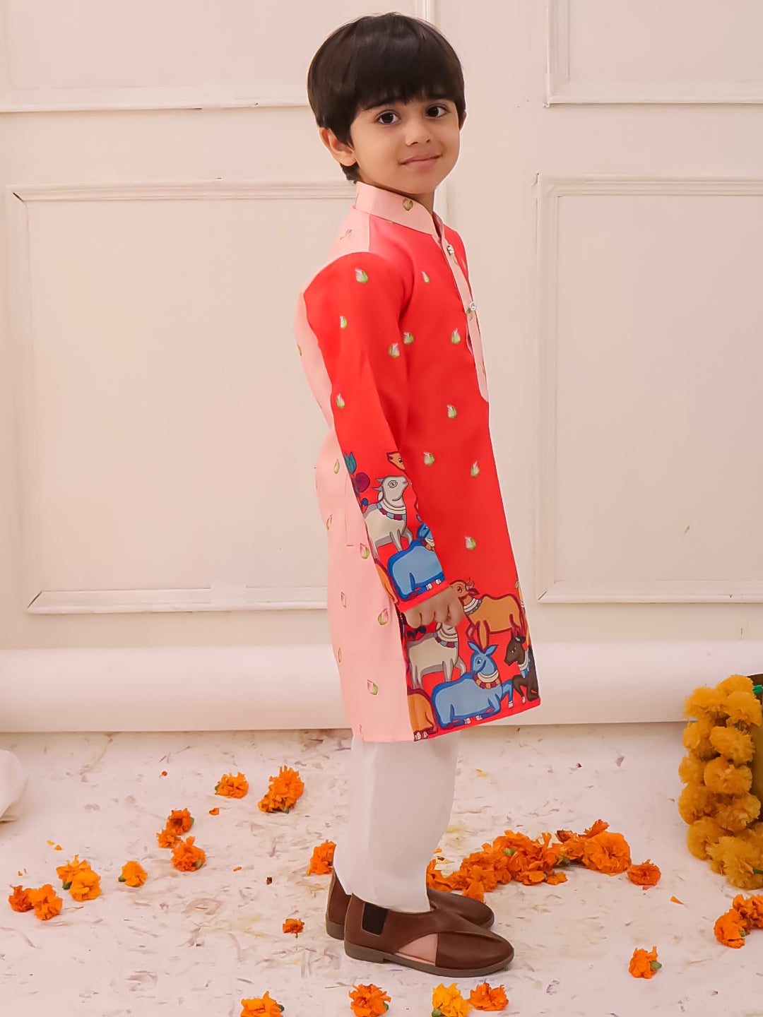 KID1 Krishna Slim-Fit Printed Kurta Pyjama Orange
