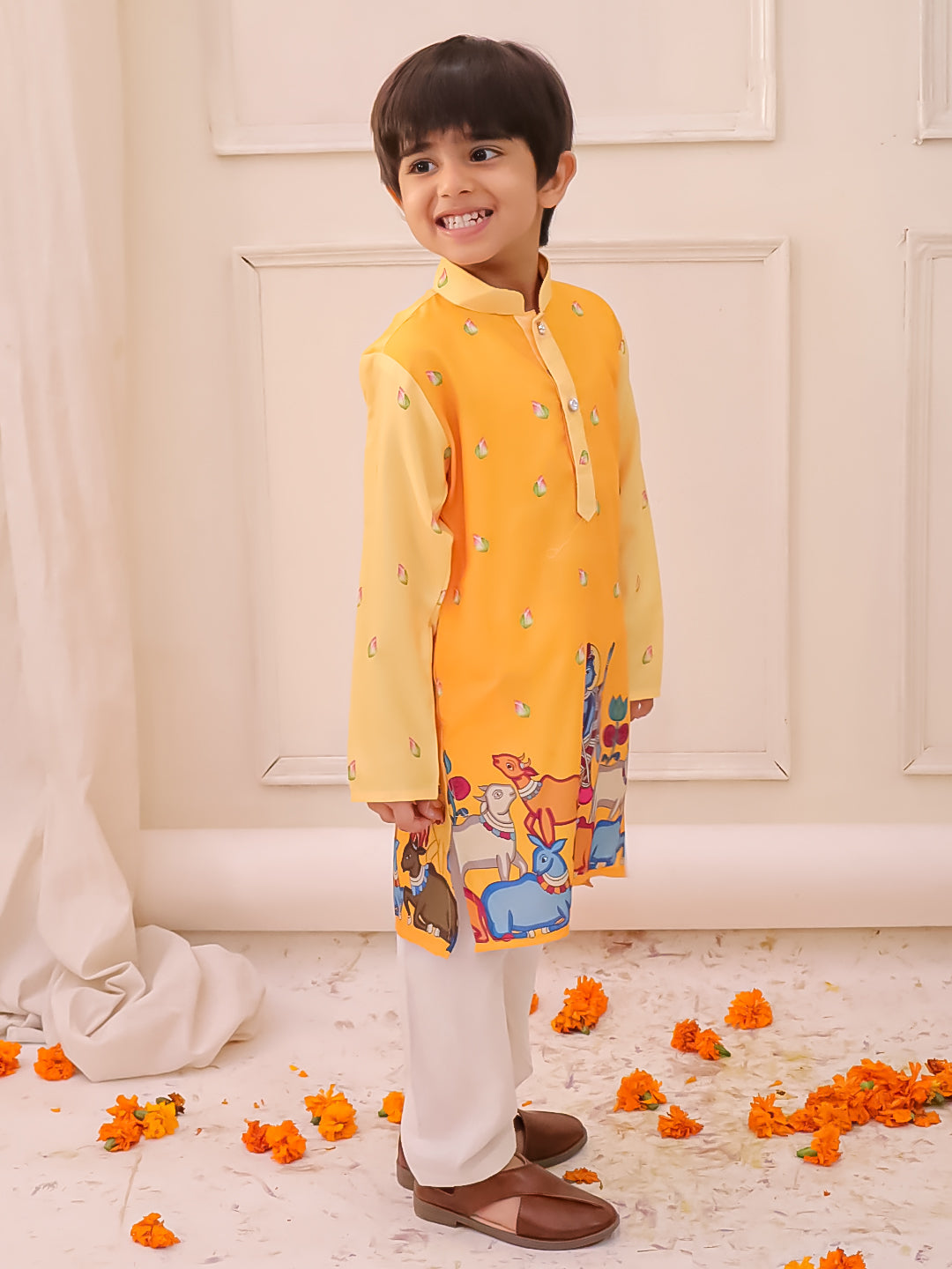 KID1 Krishna Slim-Fit Printed Kurta Pyjama Yellow