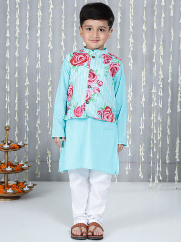 KID1 Guldasta Boys Jacket Kurta And Pyjama Set Turquoise