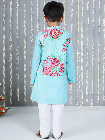 KID1 Guldasta Boys Jacket Kurta And Pyjama Set Turquoise