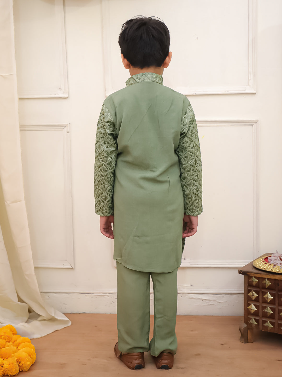 Kid One Sequins Work Kurta Pajama Set Green