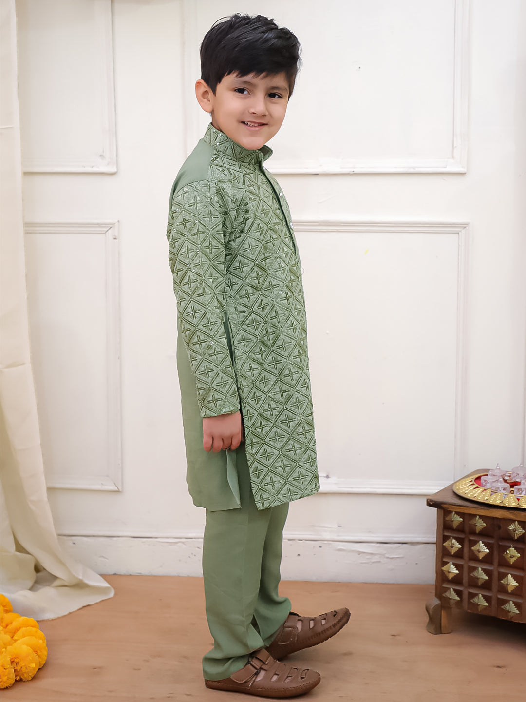 Kid One Sequins Work Kurta Pajama Set Green
