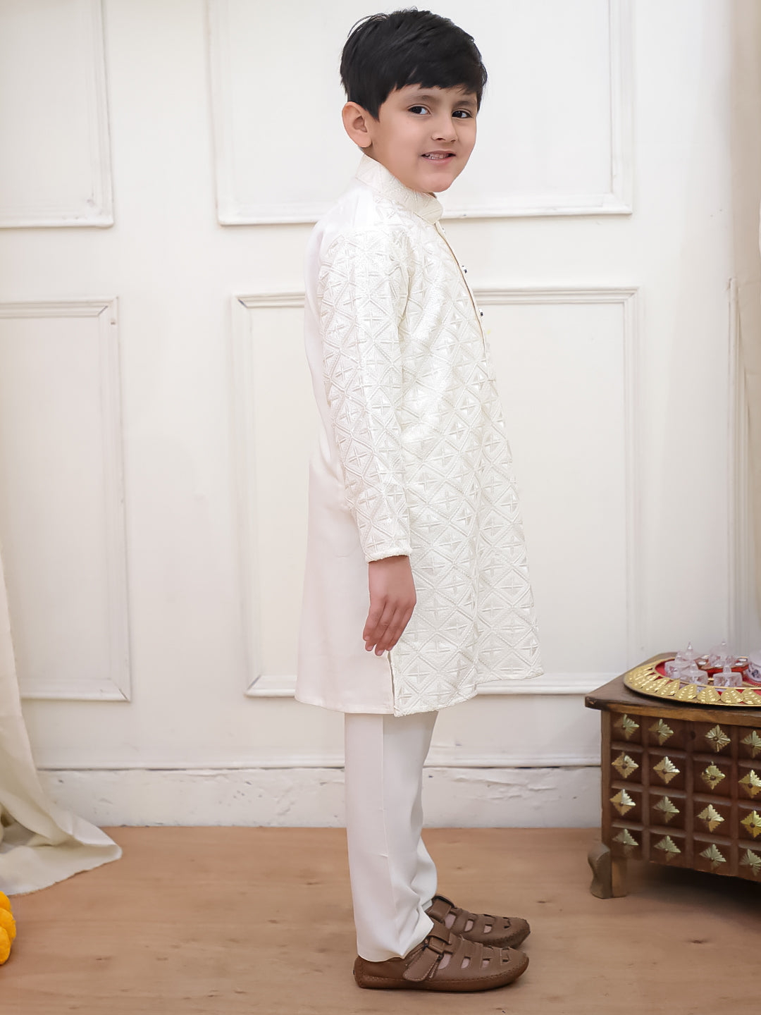 Kid One Sequins Work Kurta Pajama Set Offwhite