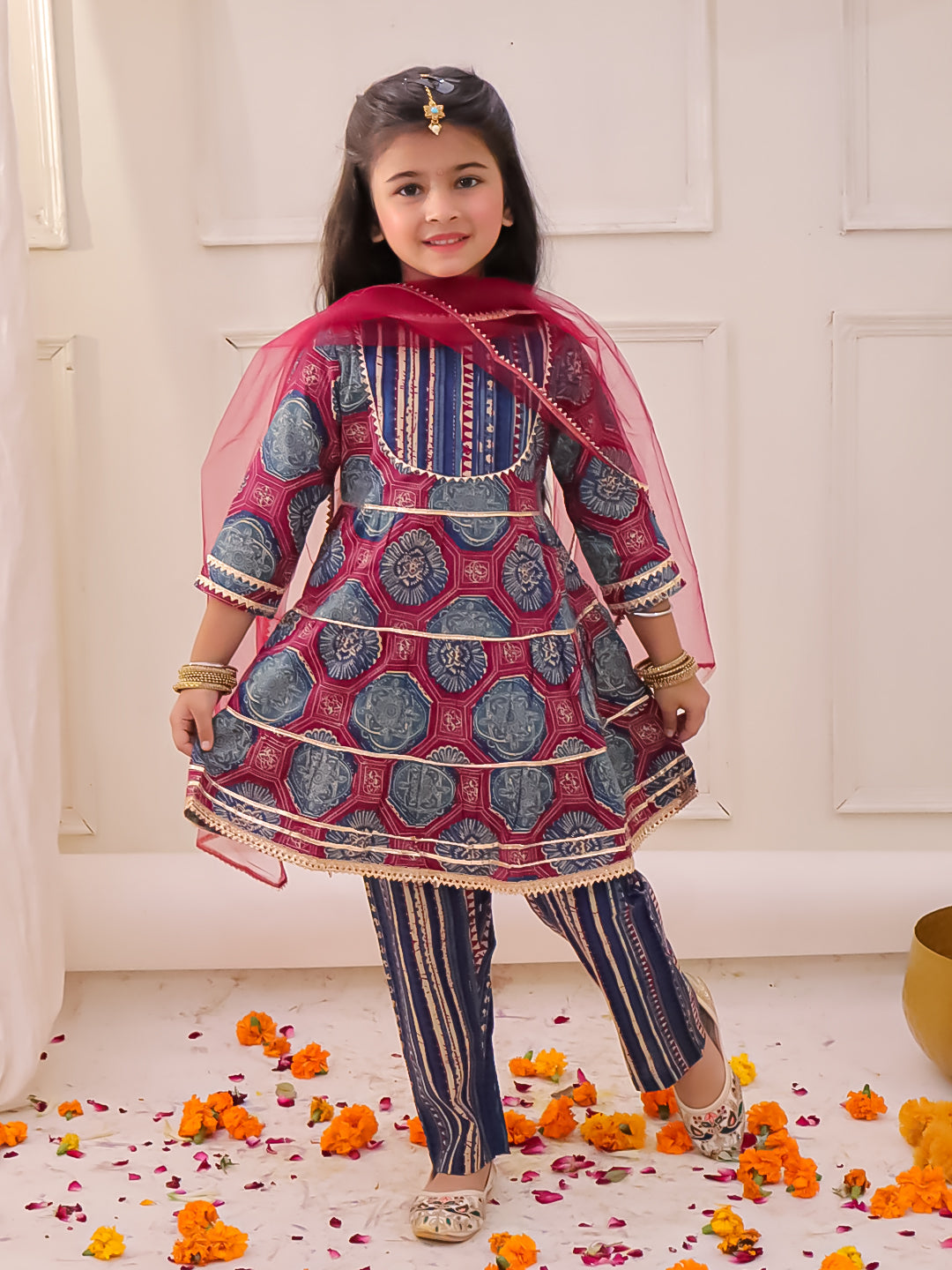 KID1 3 Tier Kurti With Pants And Dupatta Blue