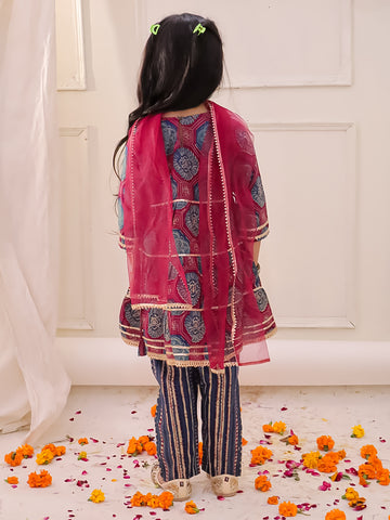 KID1 3 Tier Kurti With Pants And Dupatta Blue