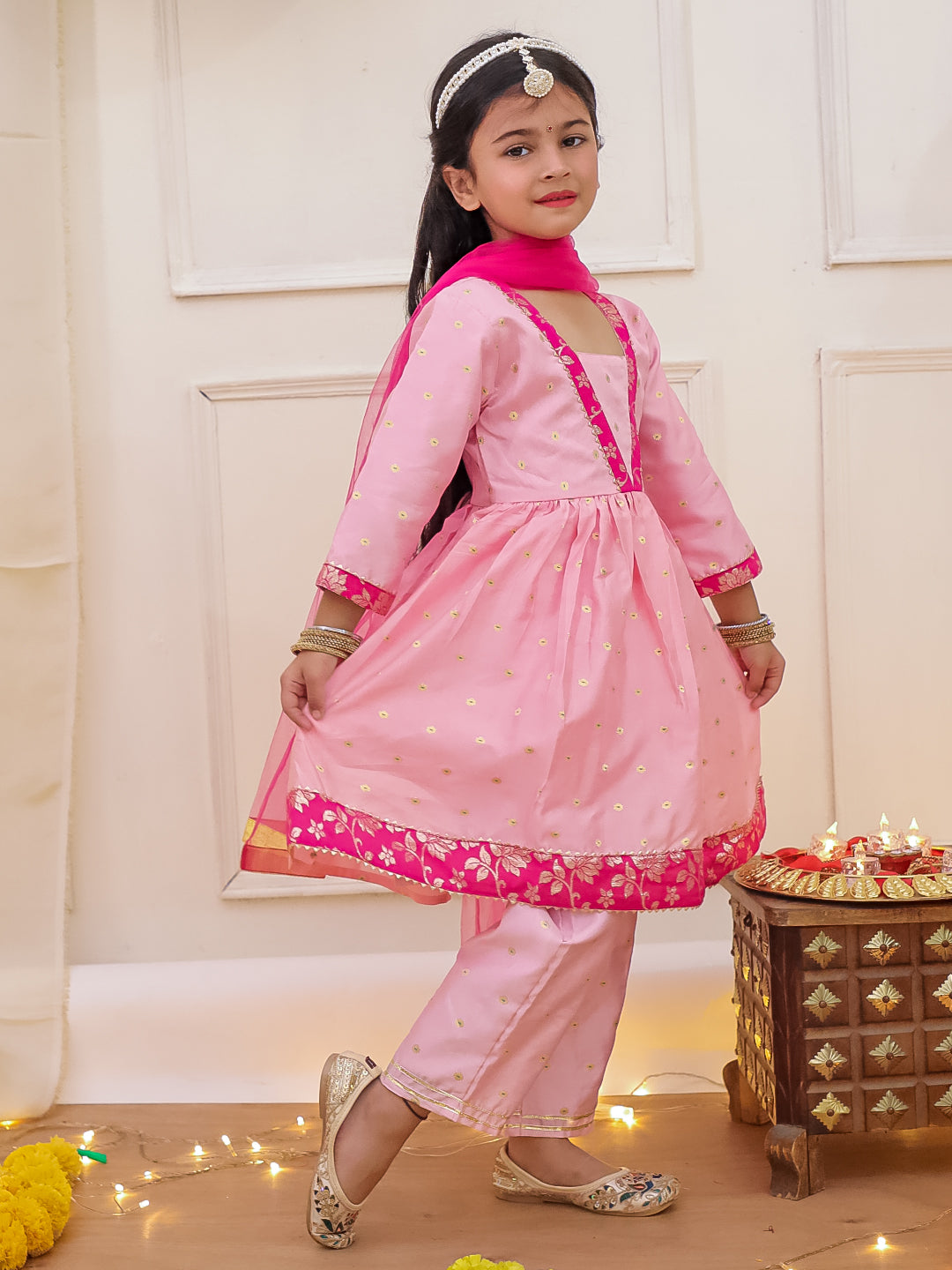 KID1 Chanda Buti Anarkali Pant With Dupatta Pink