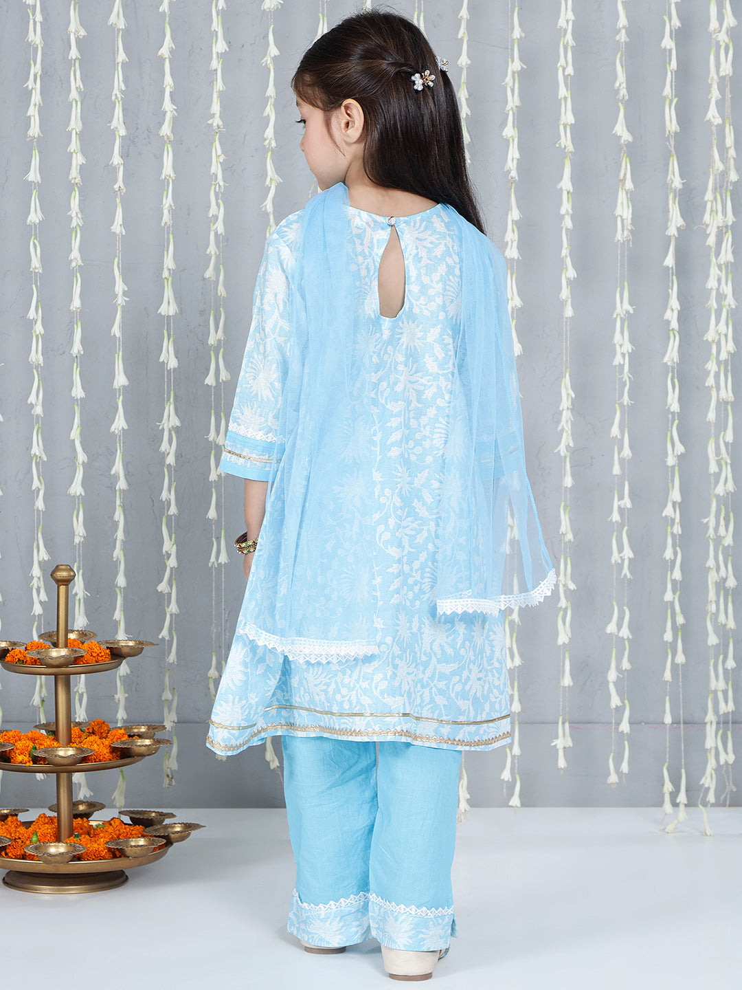 KID1 Floral Printed Kurti Palazzo With Dupatta Blue