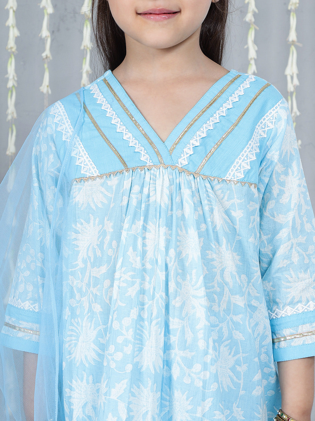 KID1 Floral Printed Kurti Palazzo With Dupatta Blue