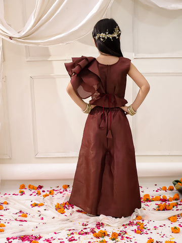 KID1 Pearl Ruffle top with palazzo Brown