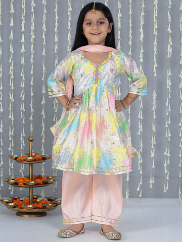 KID1 Dew Drop Kurti Plazzo Pant With Dupatta Peach