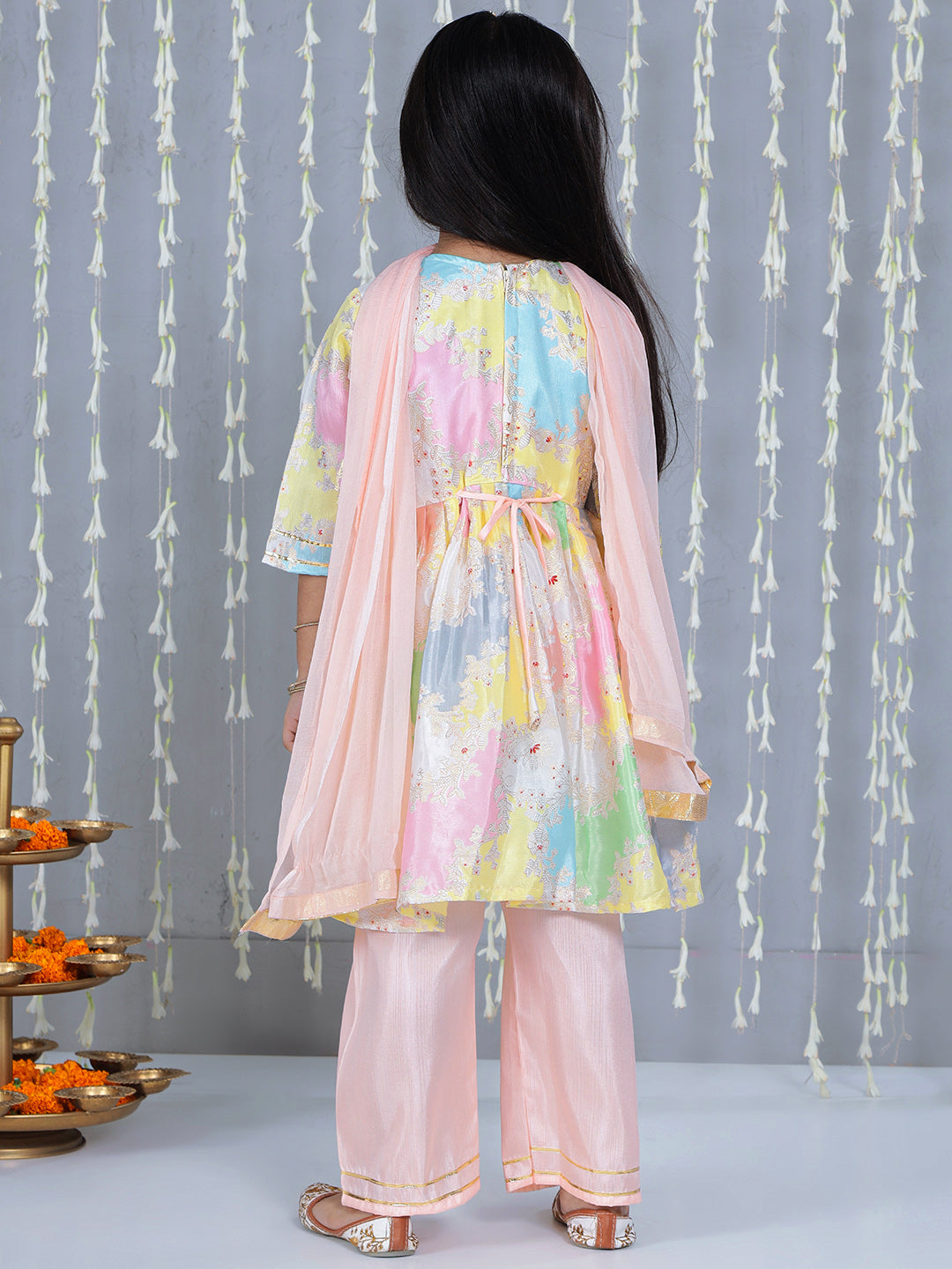 KID1 Dew Drop Kurti Plazzo Pant With Dupatta Peach
