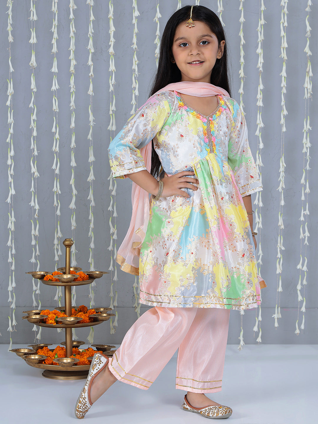 KID1 Dew Drop Kurti Plazzo Pant With Dupatta Peach