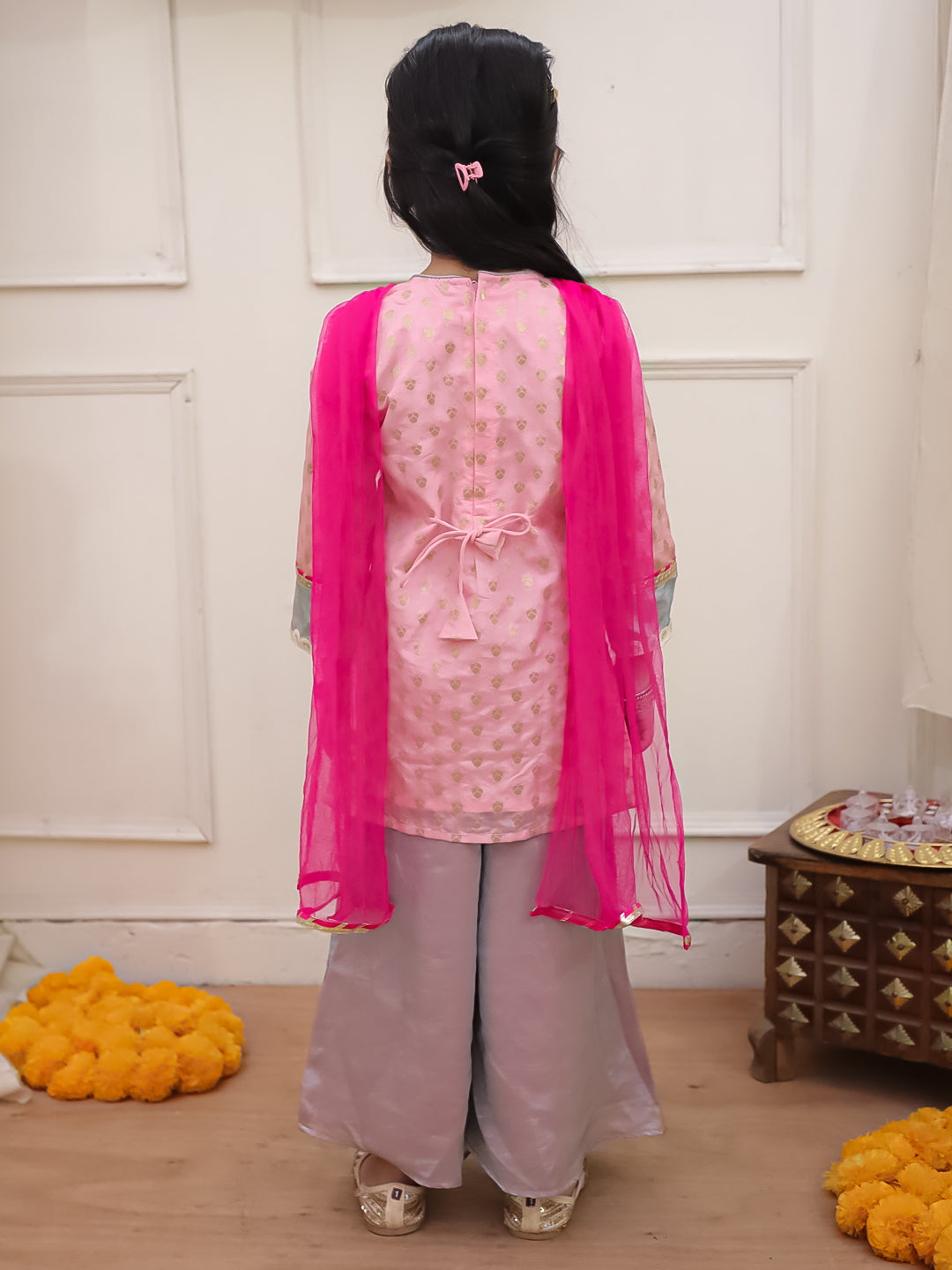 Kid One Jacquard Kurti Plazzo Set Pink