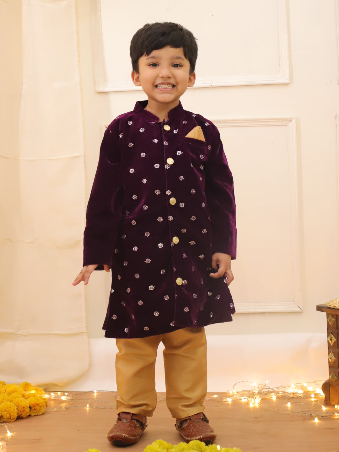 KID1 Embroidered Velvet Sherwani Set Purple