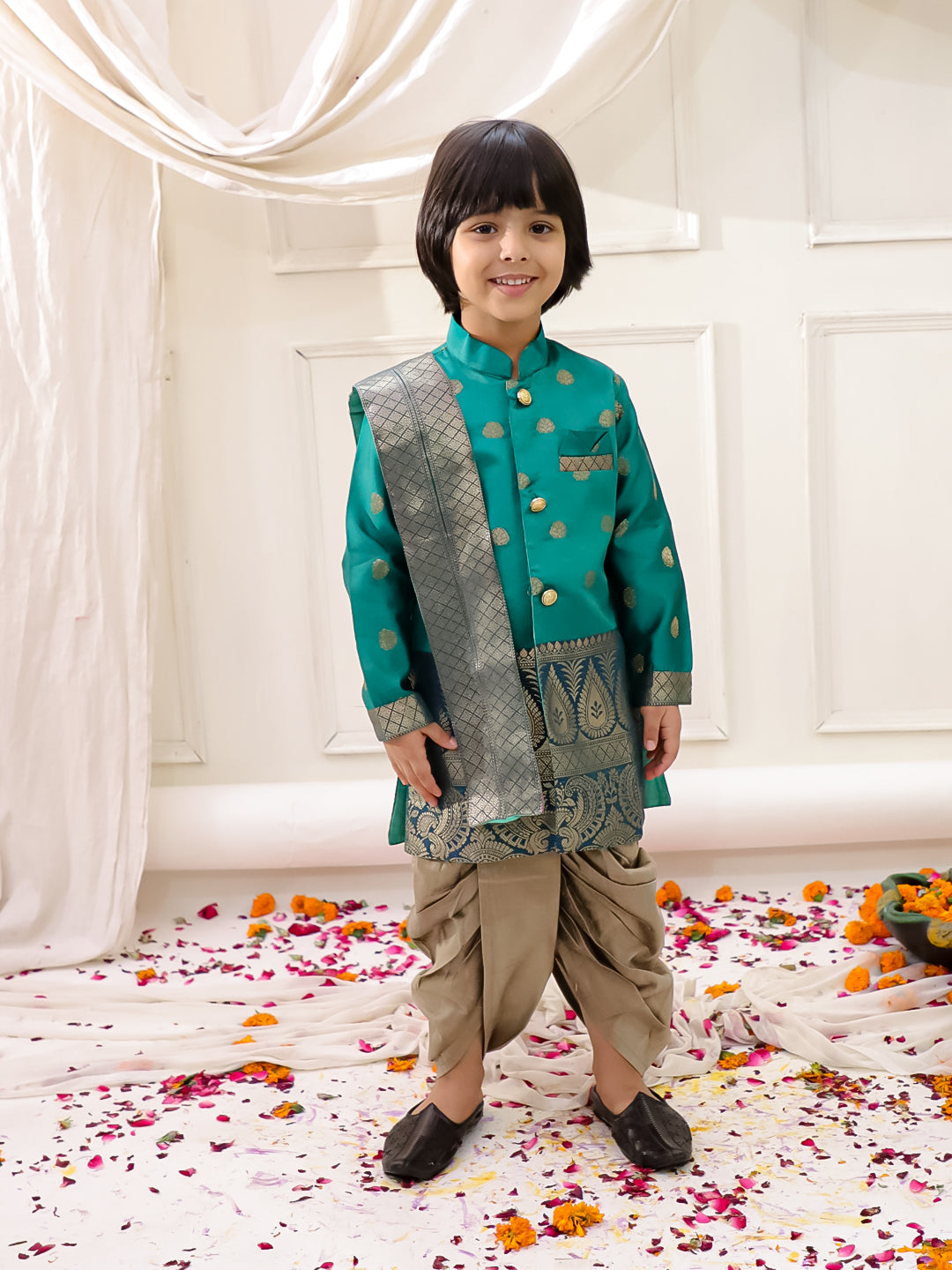 KID1 Thala Silk Scarve Sherwani Dhoti Set Green