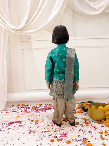 KID1 Thala Silk Scarve Sherwani Dhoti Set Green