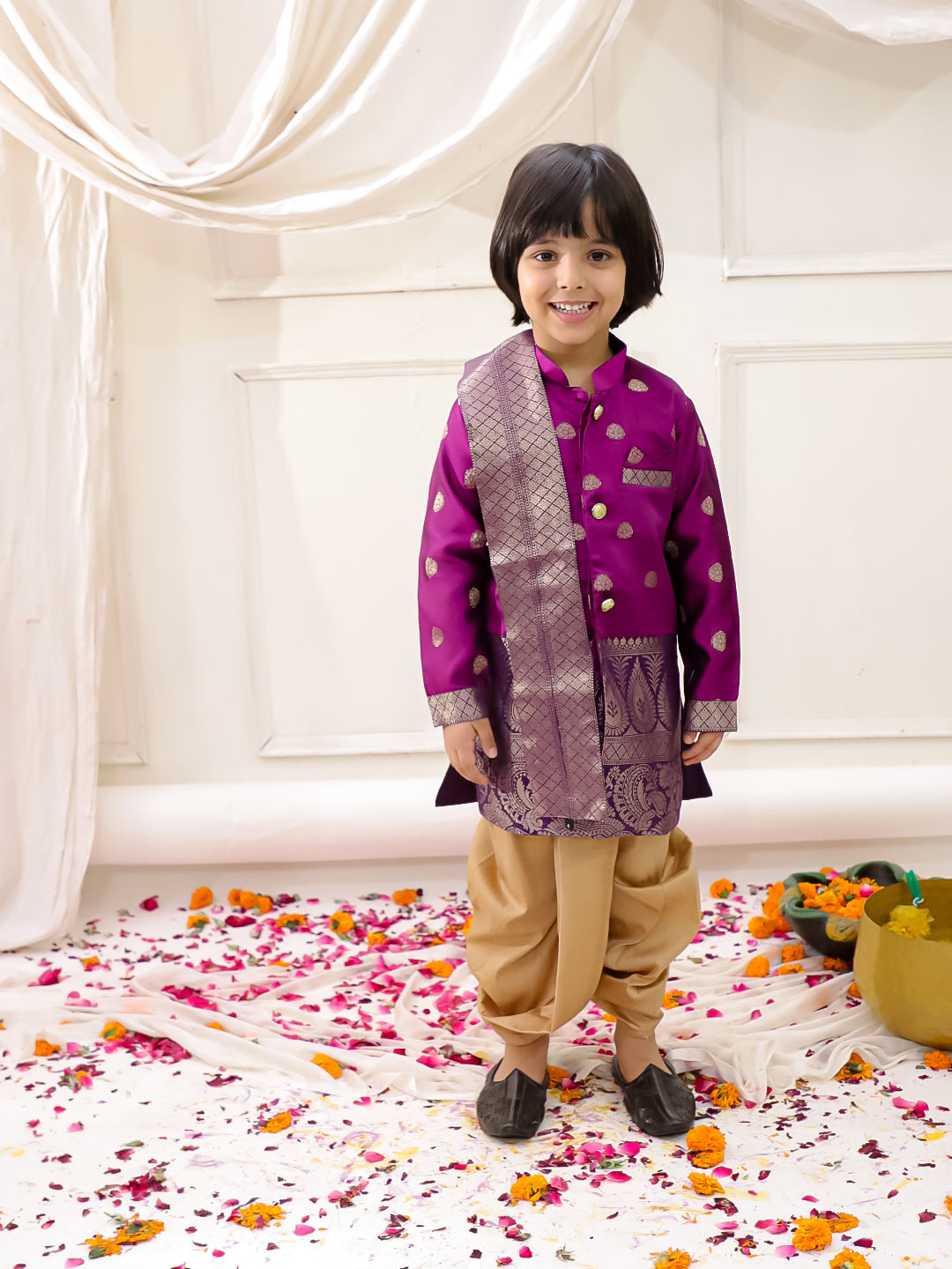 KID1 Sequins Cape Gown Pattu For Girl With Thala Silk Scarve Sherwani Dhoti Set For Boys - Purple