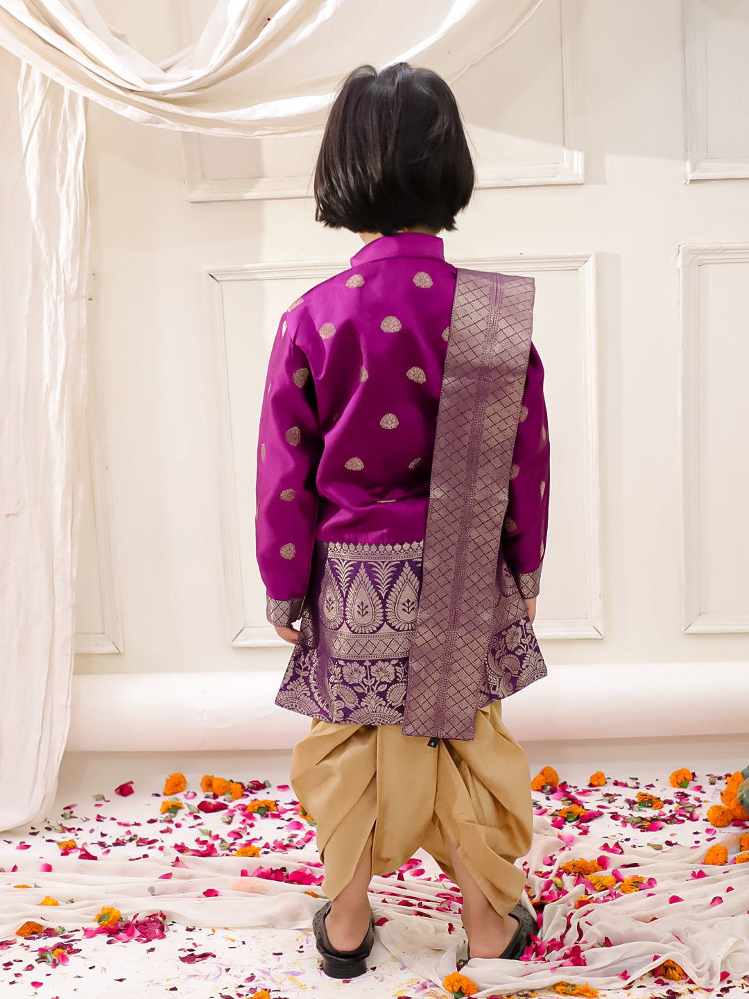 KID1 Sequins Cape Gown Pattu For Girl With Thala Silk Scarve Sherwani Dhoti Set For Boys - Purple