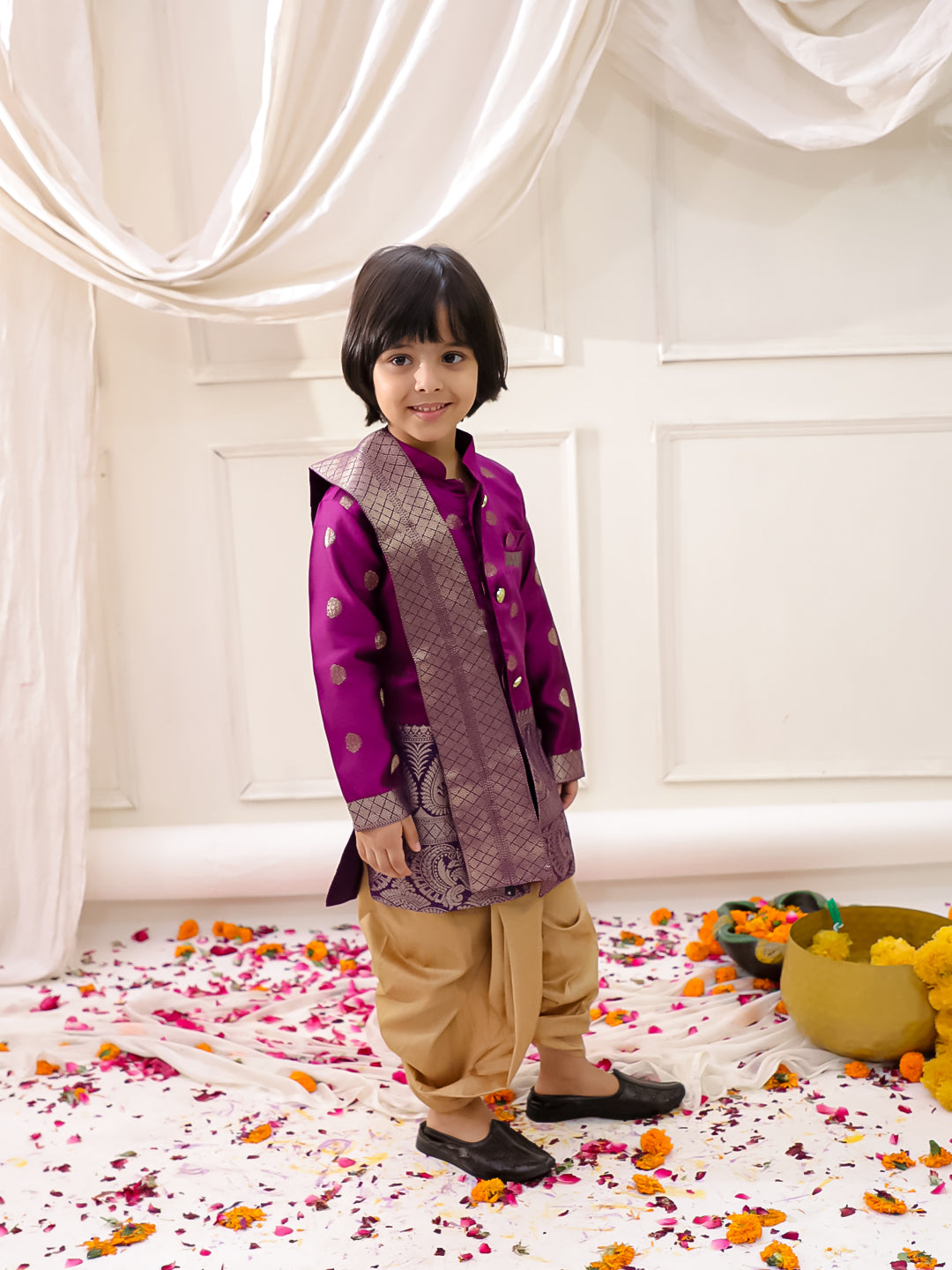 KID1 Thala Silk Scarve Sherwani Dhoti Set Purple