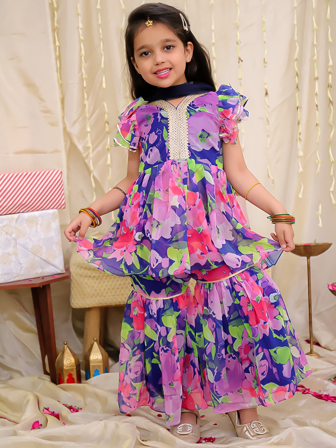 KID1 Spring Floral Sharara Set Blue