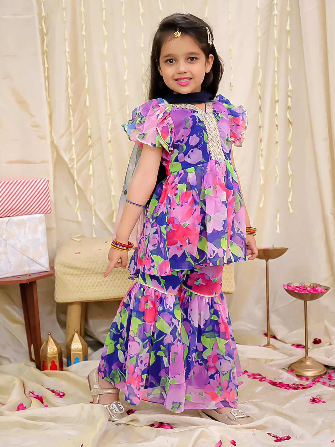 KID1 Spring Floral Sharara Set Blue