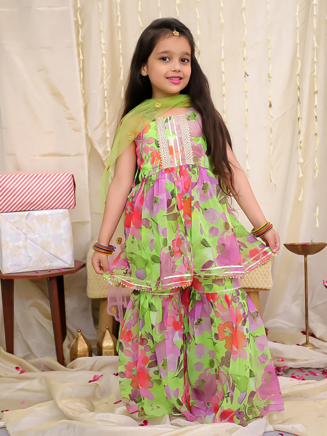 KID1 Spring Floral Shararaa Set Green
