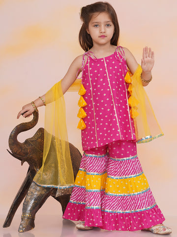 KID1 Aisha Bandhani Sharara Set For Girls With Chandaa Bandhani Kurta Pyjama For Boys - Pink & Yellow