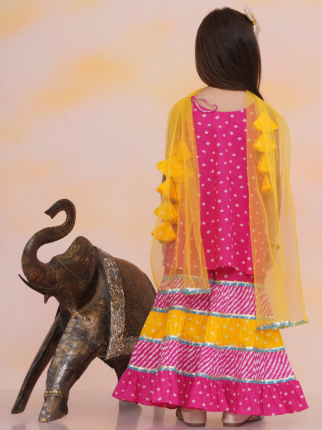 KID1 Aisha Bandhani Sharara Set For Girls With Chandaa Bandhani Kurta Pyjama For Boys - Pink & Yellow