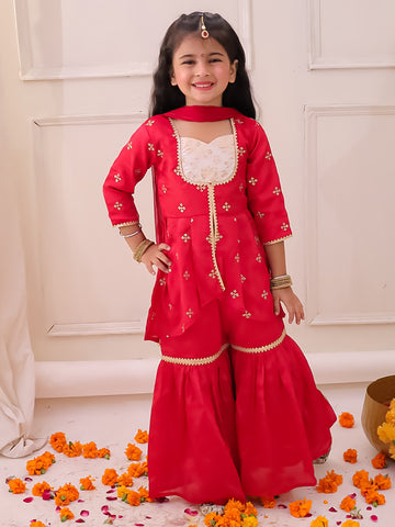 KID1 Chinon Embroidery Kurti With Sharara Set Red