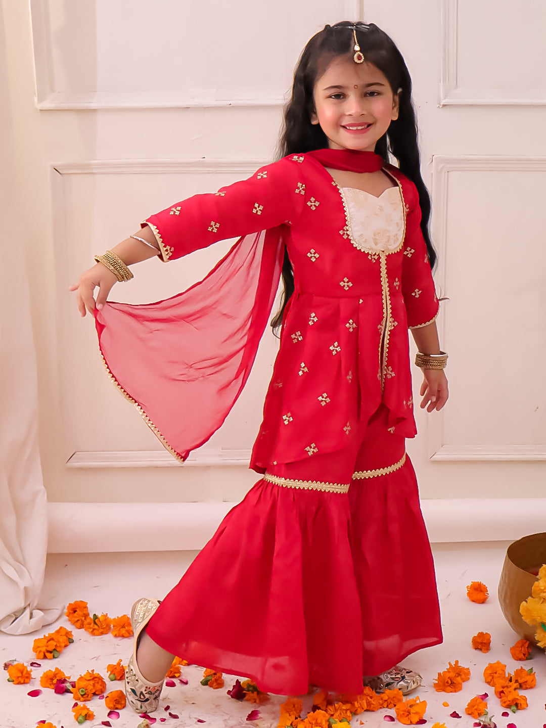 KID1 Chinon Embroidery Kurti With Sharara Set Red