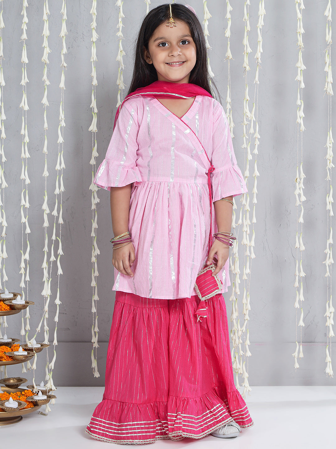 KID1 Silver Lurex Kurti And Sharara Set With Dupatta Pink