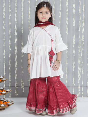 Gul Cotton Sharara Set For Girls With Cotton Pathani & Salwar For Boys - Red & White