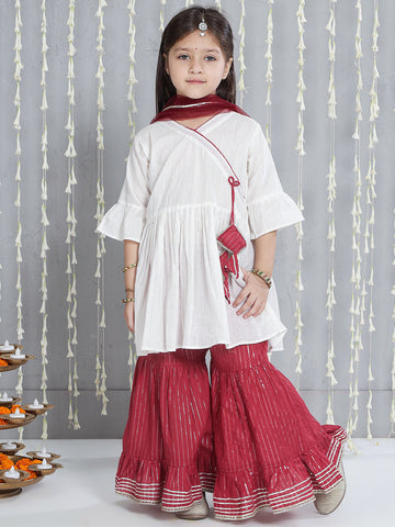 KID1 Silver Lurex Kurti And Sharara Set With Dupatta White