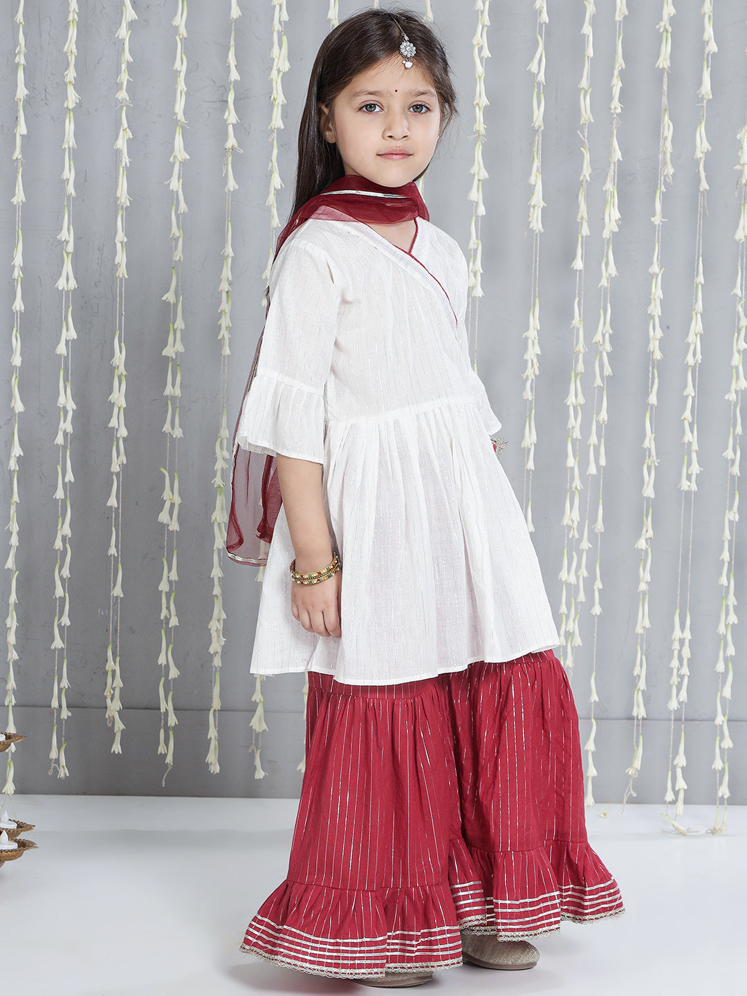KID1 Silver Lurex Kurti And Sharara Set With Dupatta White