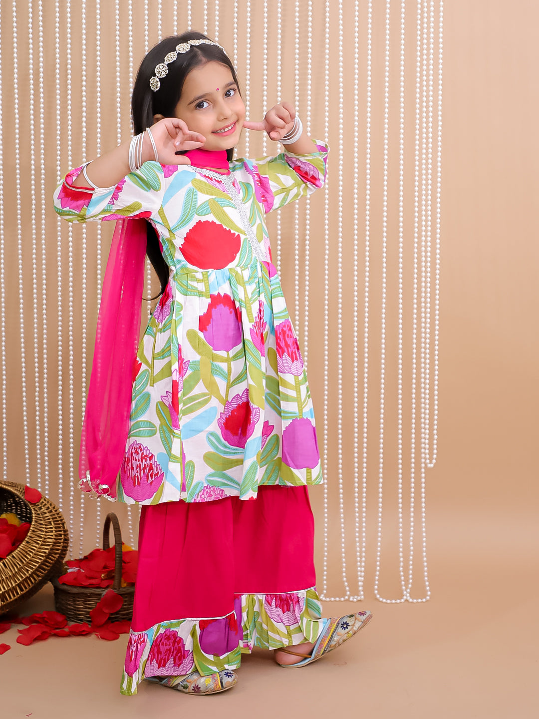 Kid One Pure Cotton Blossom Kurti Sharara With Dupatta Set For Girls Pink