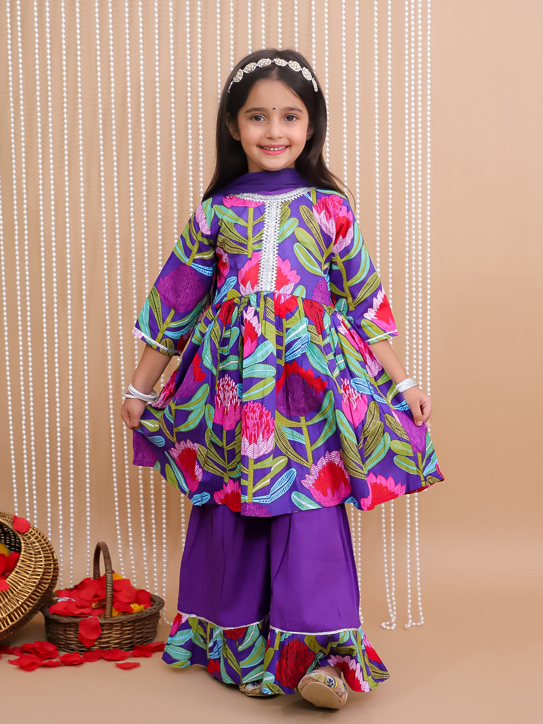 Kid One Pure Cotton Blossom Kurti Sharara With Dupatta Set For Girls Purple
