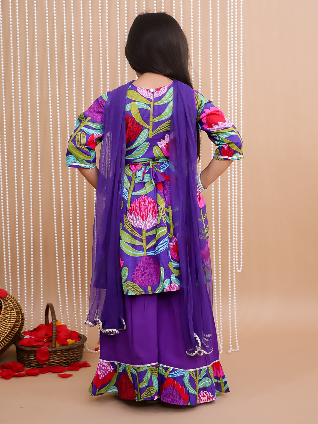 Kid One Pure Cotton Blossom Kurti Sharara With Dupatta Set For Girls Purple