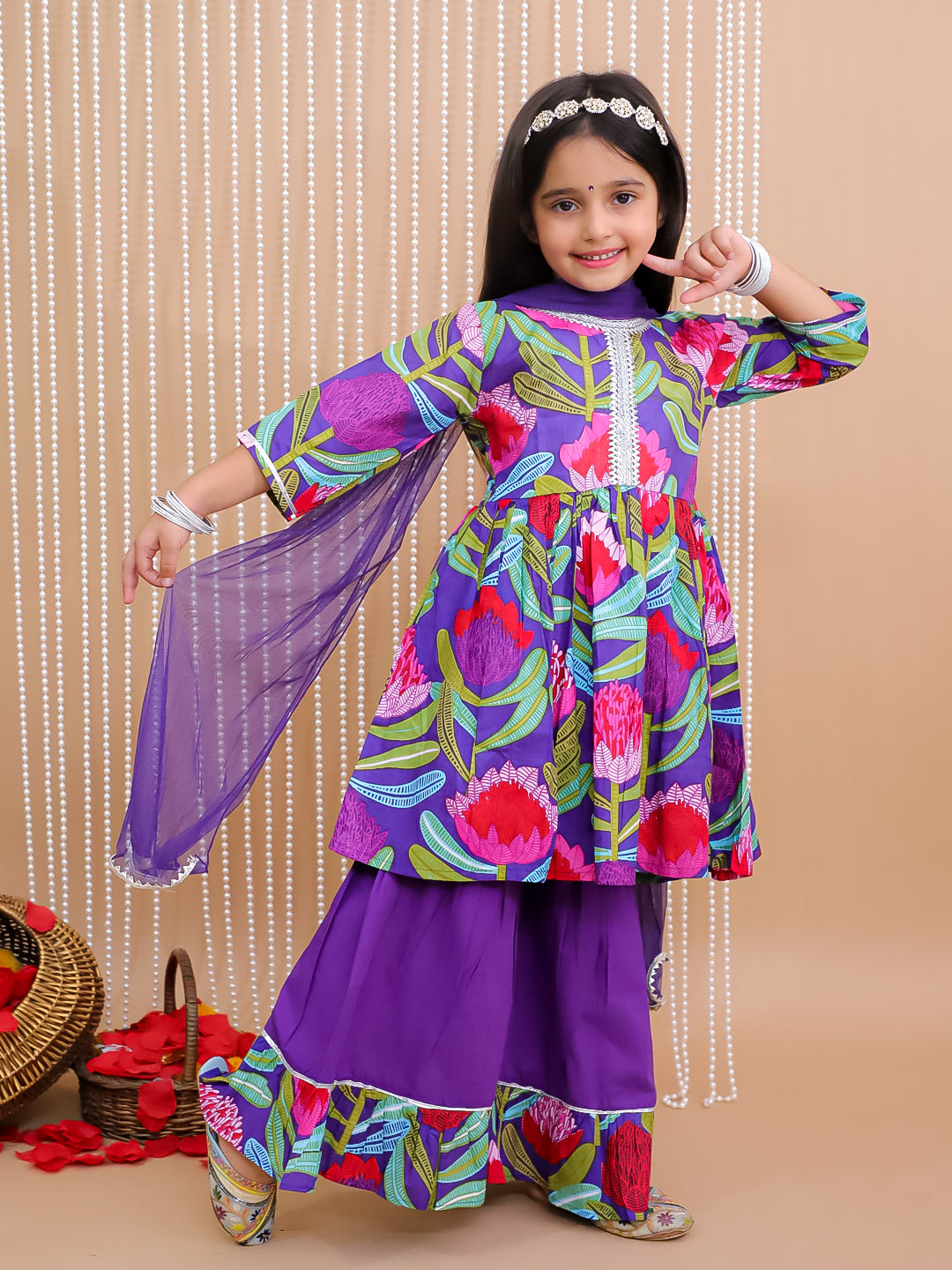 Kid One Pure Cotton Blossom Kurti Sharara With Dupatta Set For Girls Purple