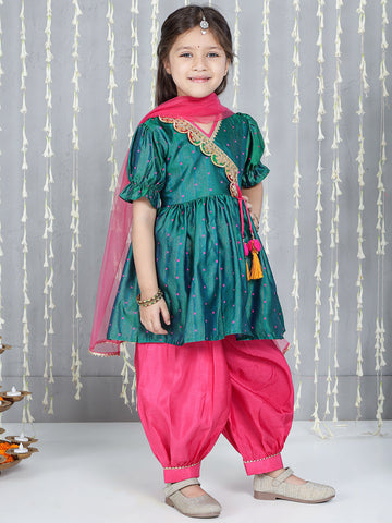 KID1 Chaandbutti Peplum Top With Afgani Salwar With Dupatta Green
