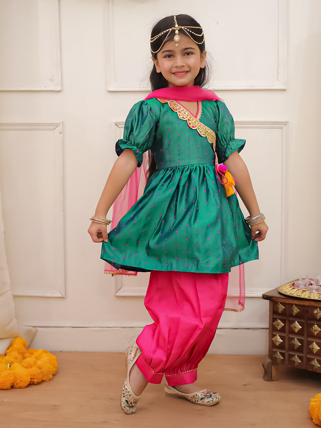 KID1 Chaandbutti Peplum Top With Afgani Salwar With Dupatta Green