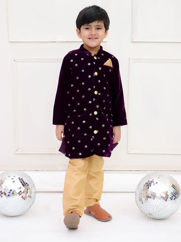 KID1 Alina Velvet Lehenga For Girls With Embroidered Velvet Sherwani Set For Boys - Purple