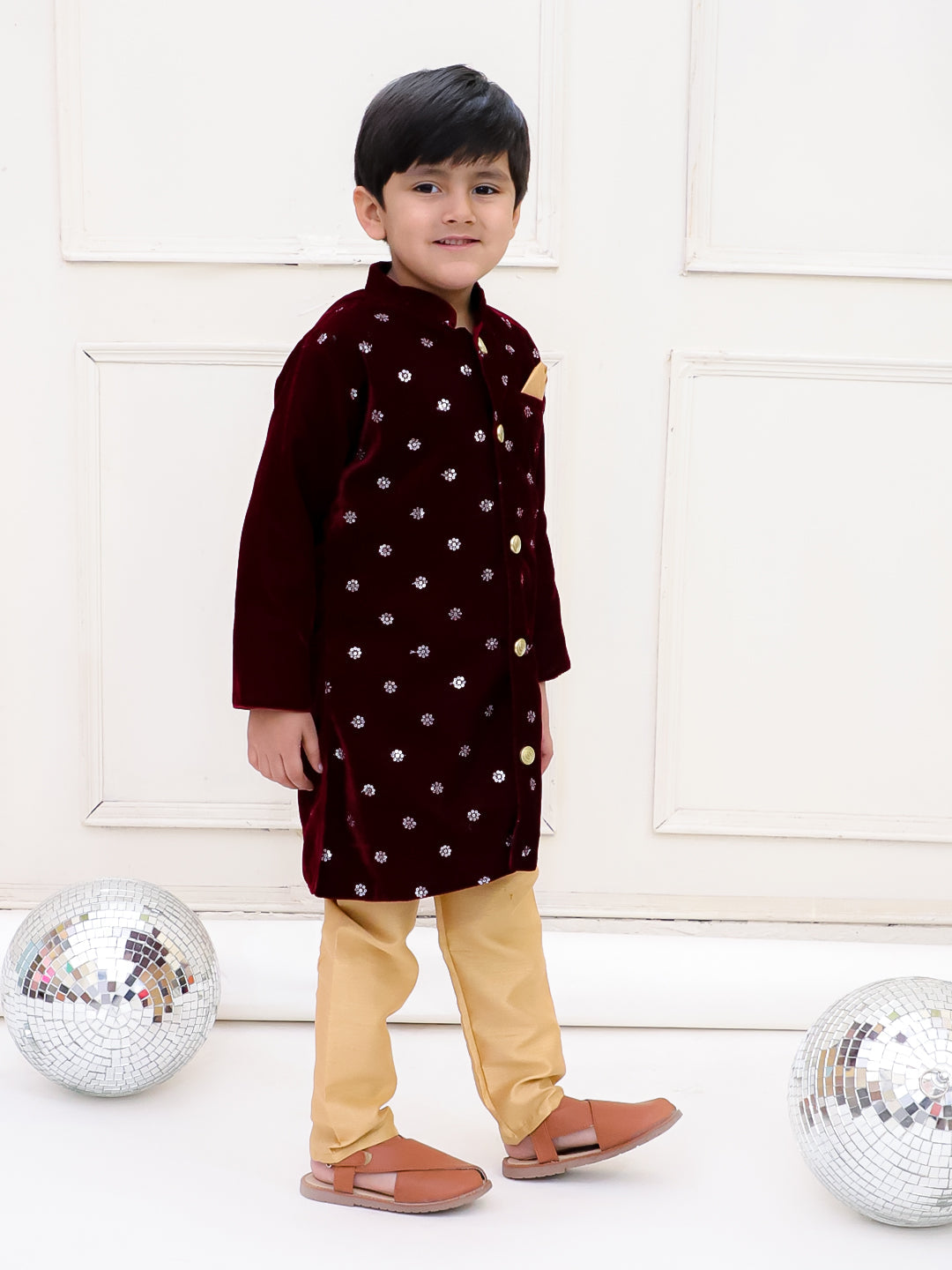 KID1 Embroidered Velvet Sherwani Set Wine