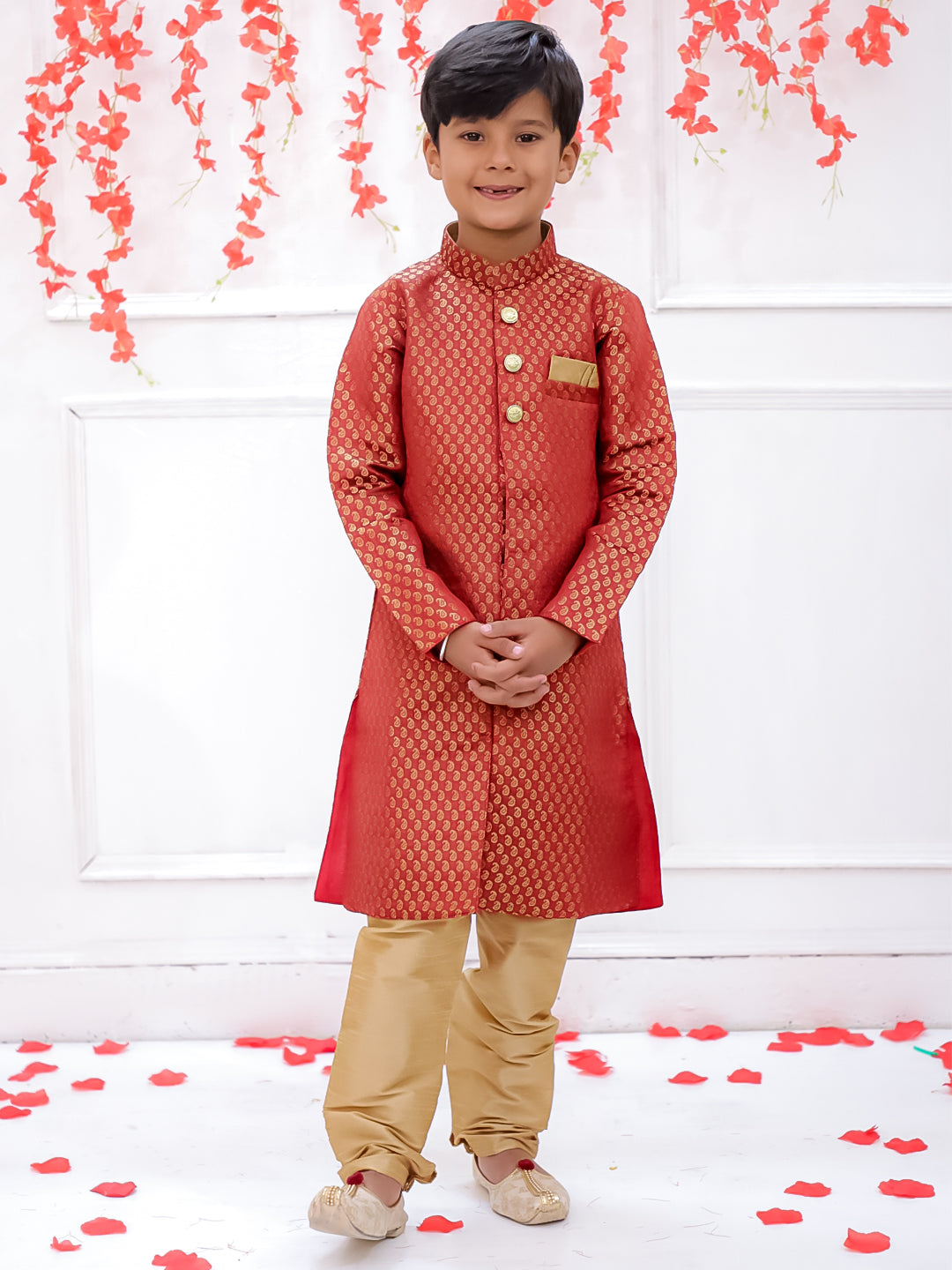 Kid One Buti Jacquard Sherwani Maroon